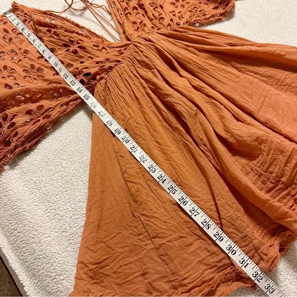 Free People One Bella Note Eyelet Mini Dress Tunic TerraCotta Clay Orange Boho - Picture 8 of 15